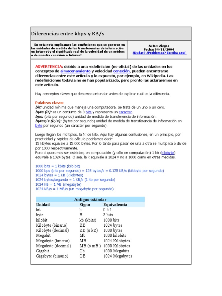 Diferencias entre kbps y KB/s | PDF | Datos de computadora ...