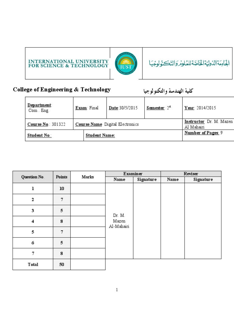 College of Engineering & Technology Final Exam Digital Electronics ...