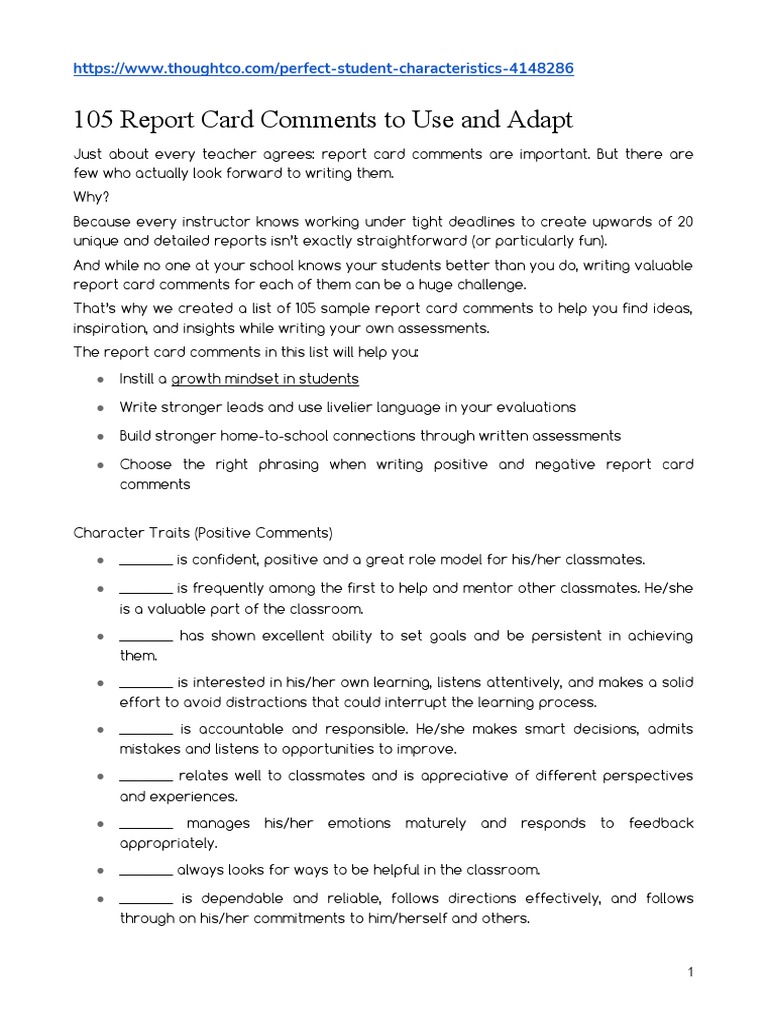 105 Report Card Comments To Use and Adapt | PDF | Reading Comprehension ...