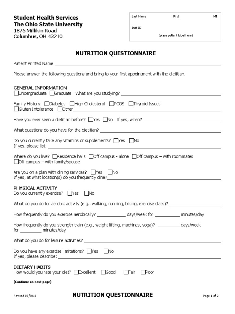 OSU Nutrition Questionnaire Form | PDF | Dieting | Meal