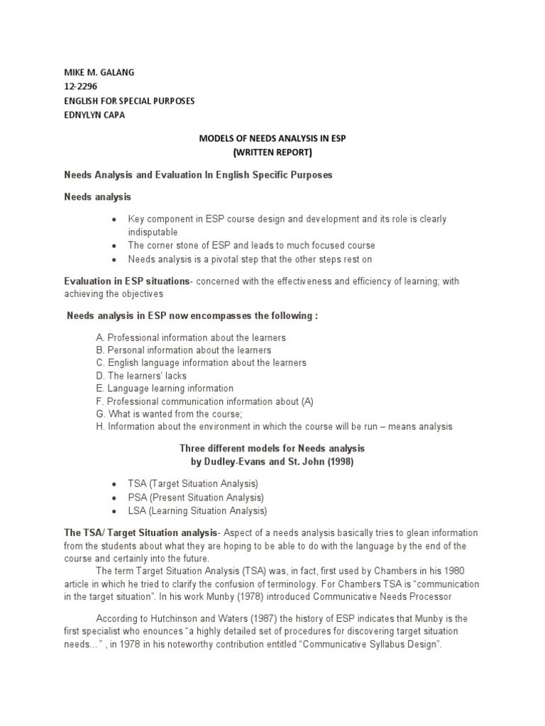 Needs Analysis Models in ESP | PDF | Pedagogy | Learning