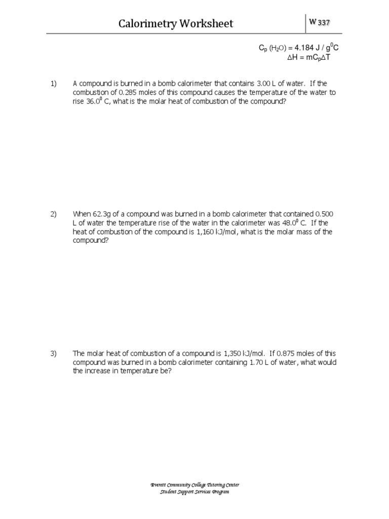 Calorimetry Worksheet Everett Community College Tutoring Center