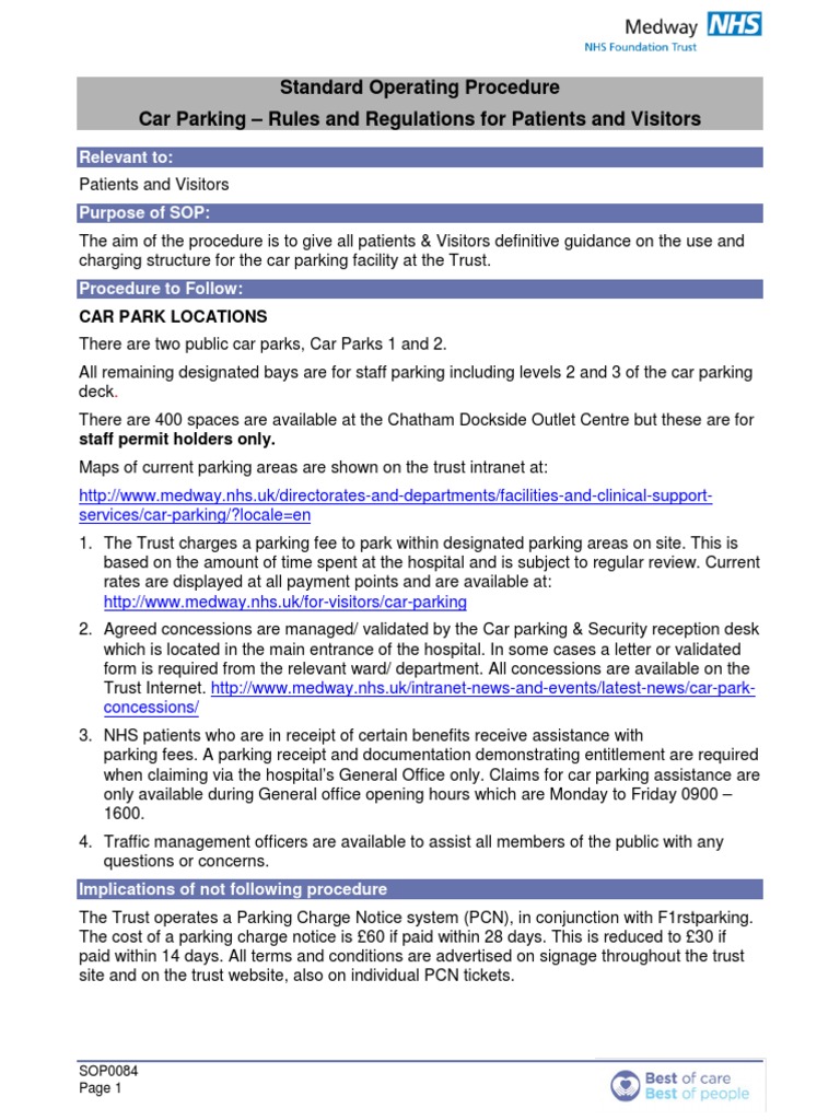Car Parking Rules and Regulations For Patients and Visitors SOP0084 PDF Parking Lot