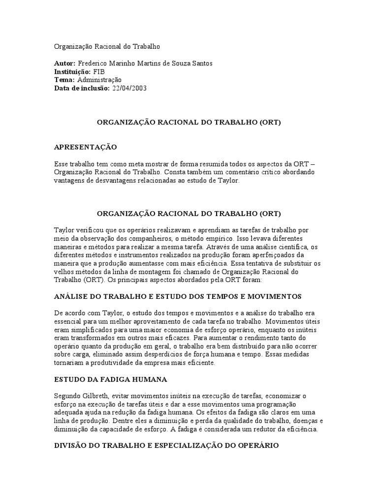 Aspectos da Organização Racional do Trabalho | PDF | Salário | Economia