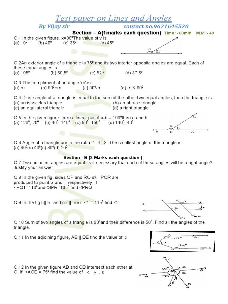 Class 9 Lines and Angles Test Paper | PDF | Triangle | Euclidean Geometry