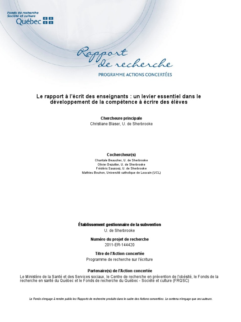 Rapport sur l'écriture en éducation | PDF | Enseignants | Apprentissage