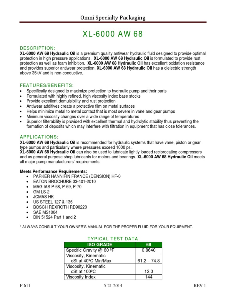 XL-6000 AW 68 Hydraulic Oil Specs | PDF | Lubricant | Viscosity