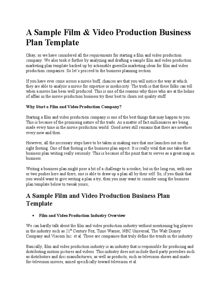 A Sample Film and Video Production Business Plan Template PDF