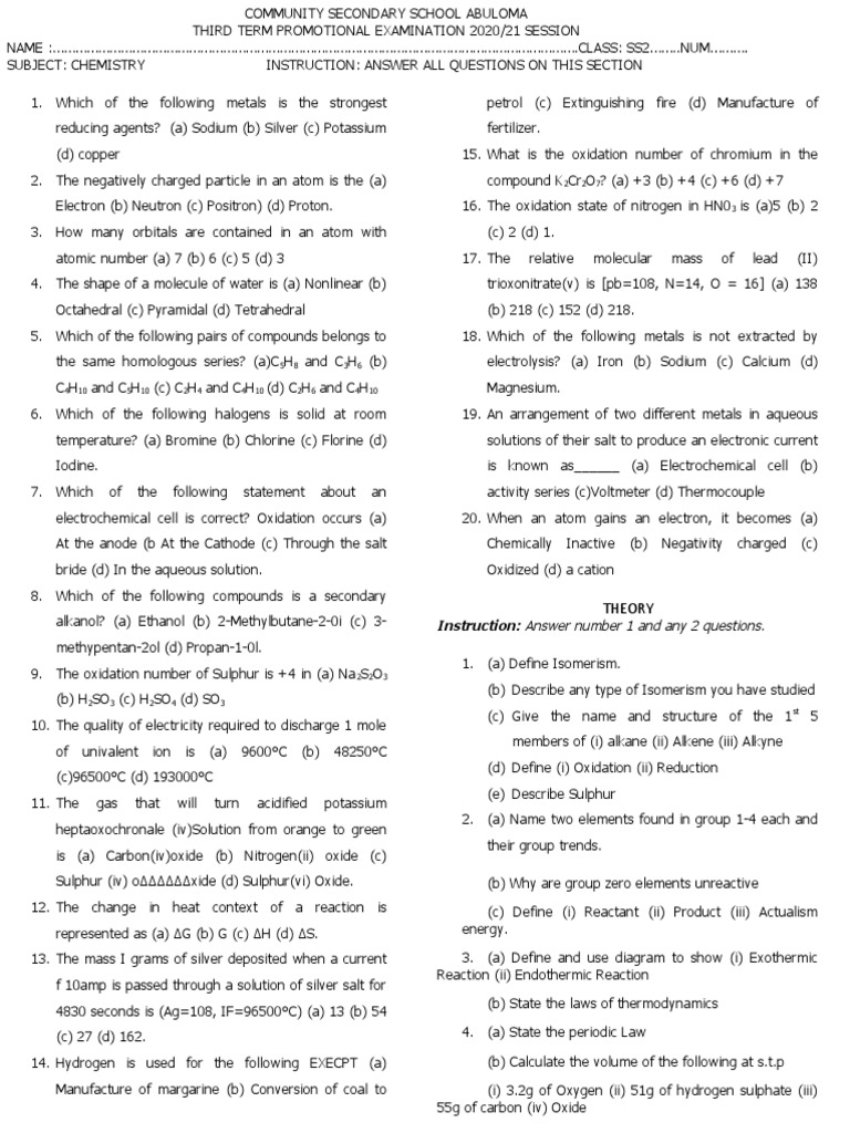 SS2 Chemistry Exam Questions | PDF | Electrochemistry | Ion
