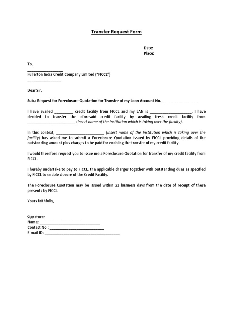 Transfer Request Form: Sub.: Request For Foreclosure Quotation For ...