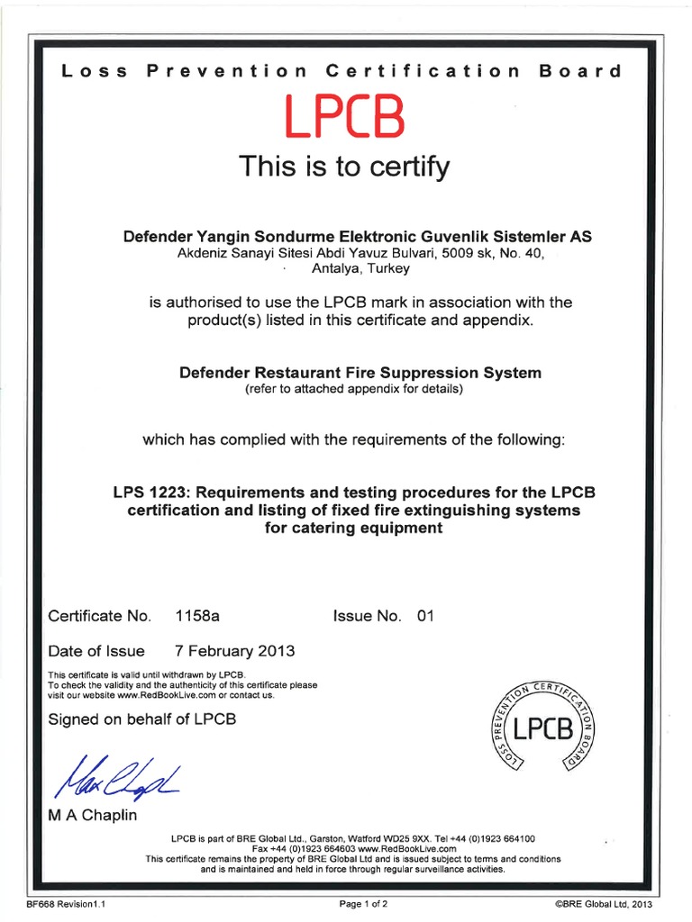 Defender LPCB Certificate | PDF