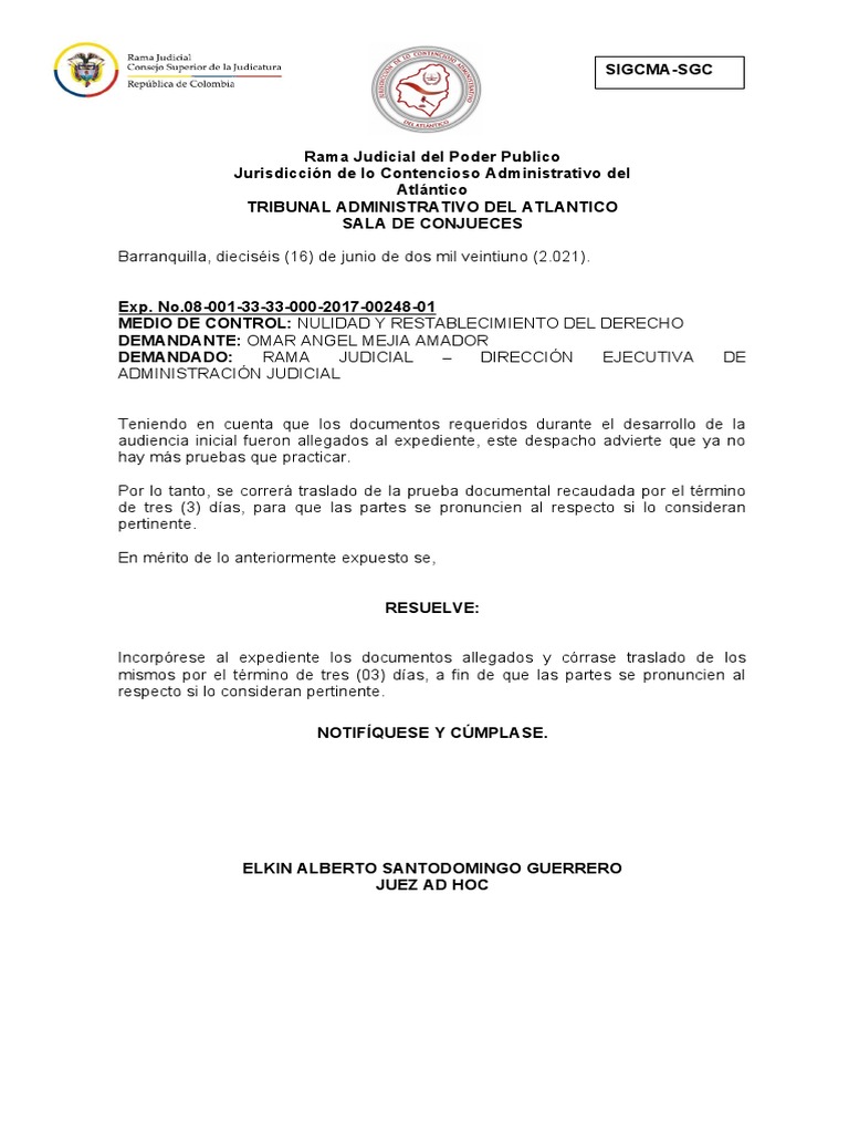 Auto Corre Traslado Prueba Documental PDF