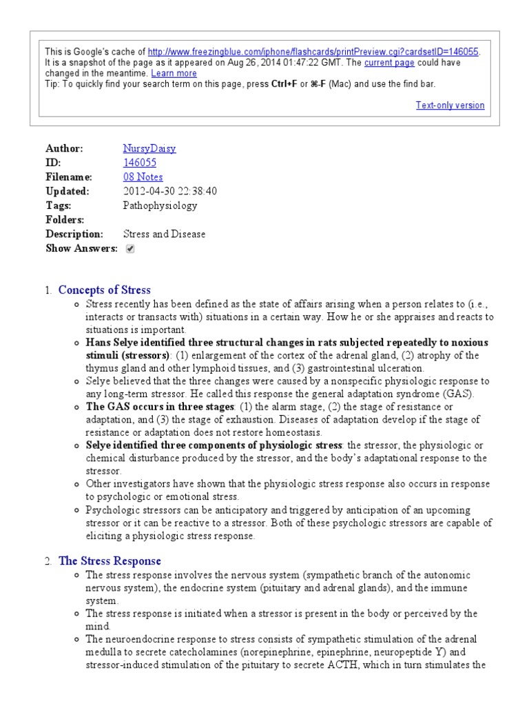 Chapter 08 Notes On Stress | PDF | Stress (Biology) | Cortisol
