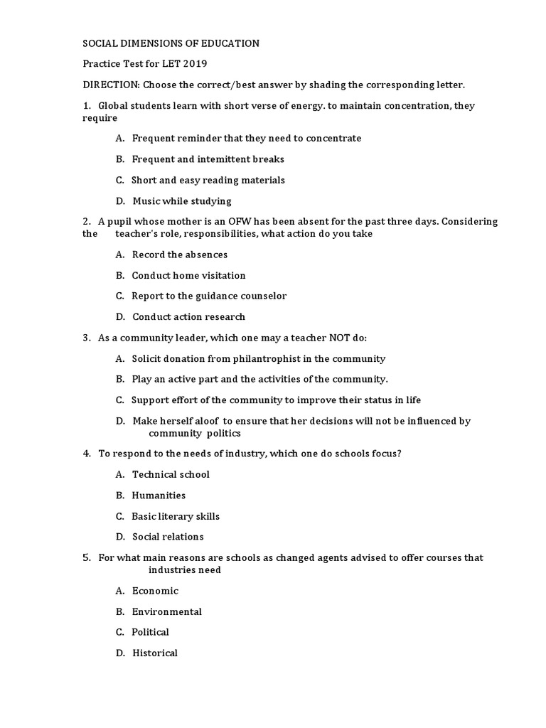 LET 2019 Social Dimensions Practice Test | PDF | Teachers | Learning