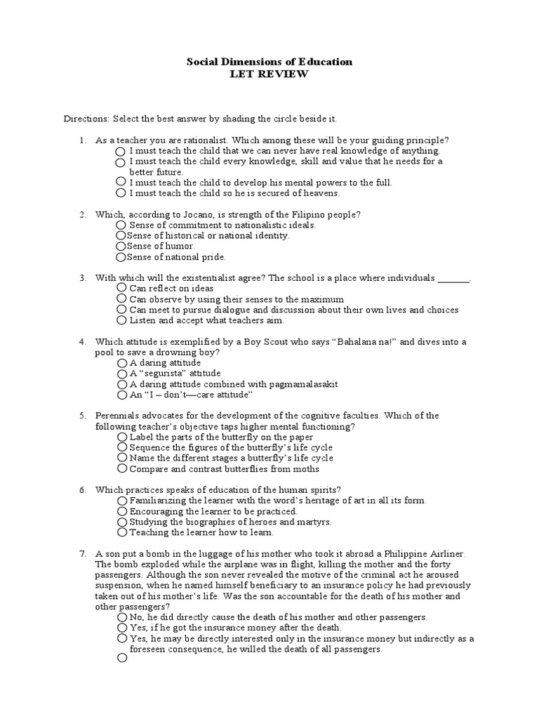 Social Dimensions of Education - LET REVIEW (Set A) | PDF | Pragmatism ...