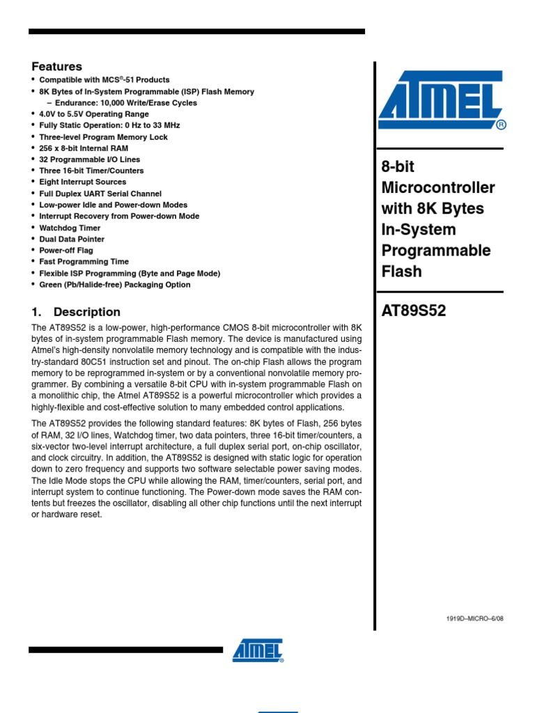 Atmel at89s52 microcontroller pdf