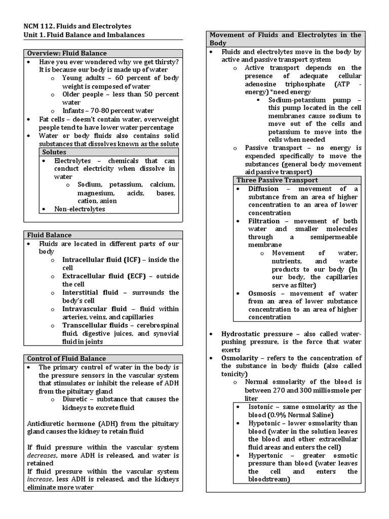NCM 112 - Fluid and Electrolytes (Unit 1) | PDF | Dehydration | Electrolyte