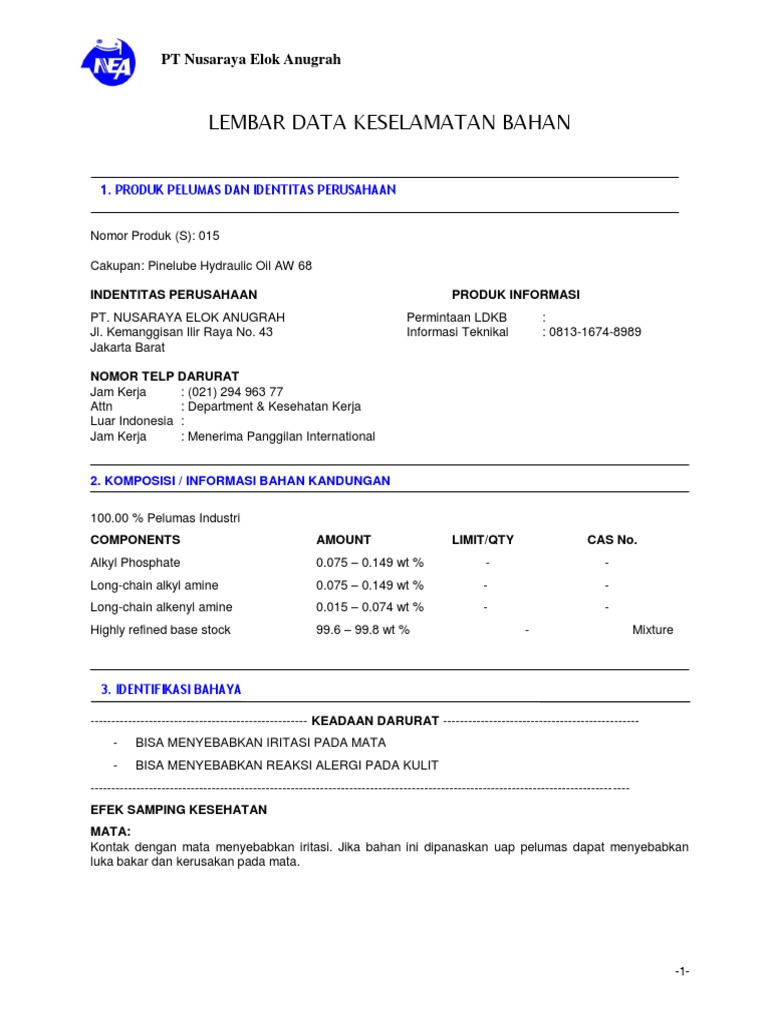 MSDS Pinelube Hydraulic Oil AW 68 PDF