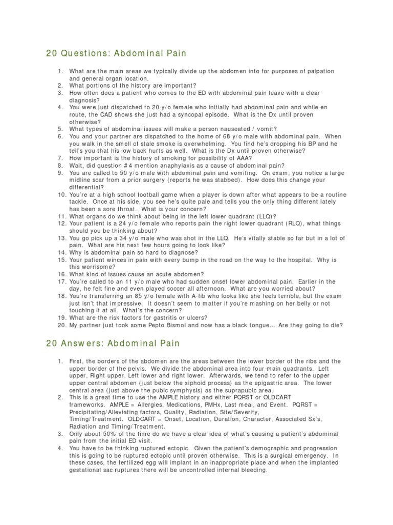 20 Key Questions on Abdominal Pain | PDF | Abdomen | Medical Specialties