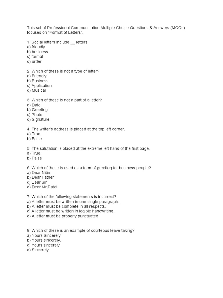 MCQs LETTER FORMAT PDF Madam Multiple Choice