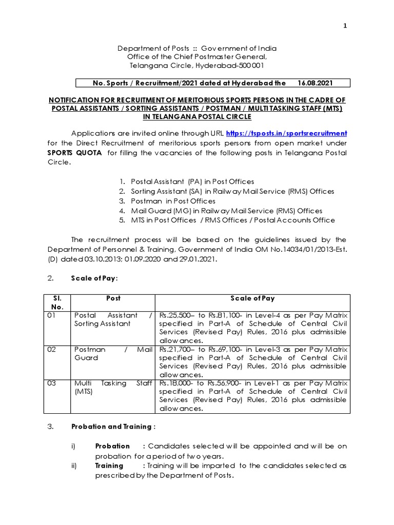 Telangana Post Office Recruitment 2021 For MTS, LDC & Various Post | PDF |  Identity Document | Sports