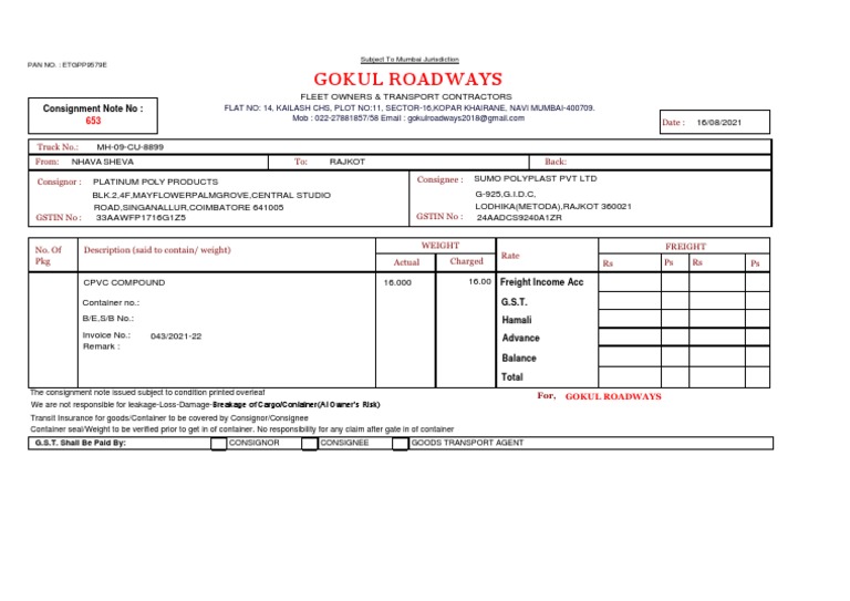 Gokul Roadways Consignment Note | PDF | Economies | Supply Chain Management