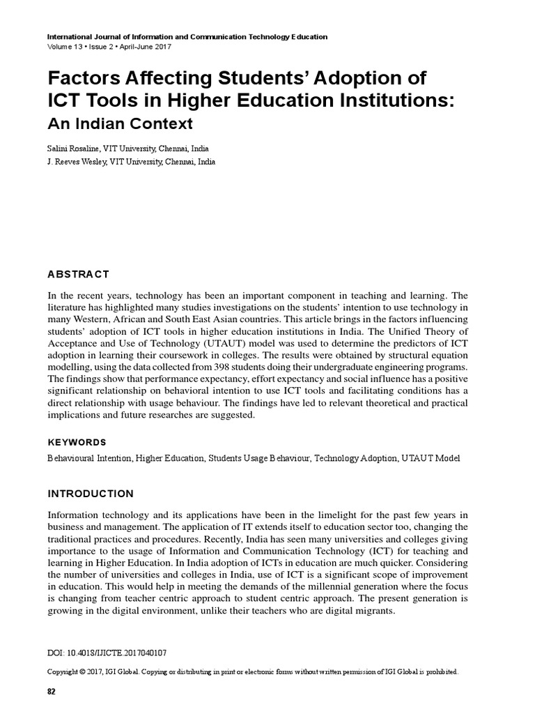 Factors Affecting Students' Adoption of ICT Tools in Higher Education ...