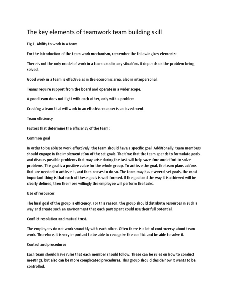 The Key Elements of Teamwork Team Building Skill PDF Goal Self Esteem