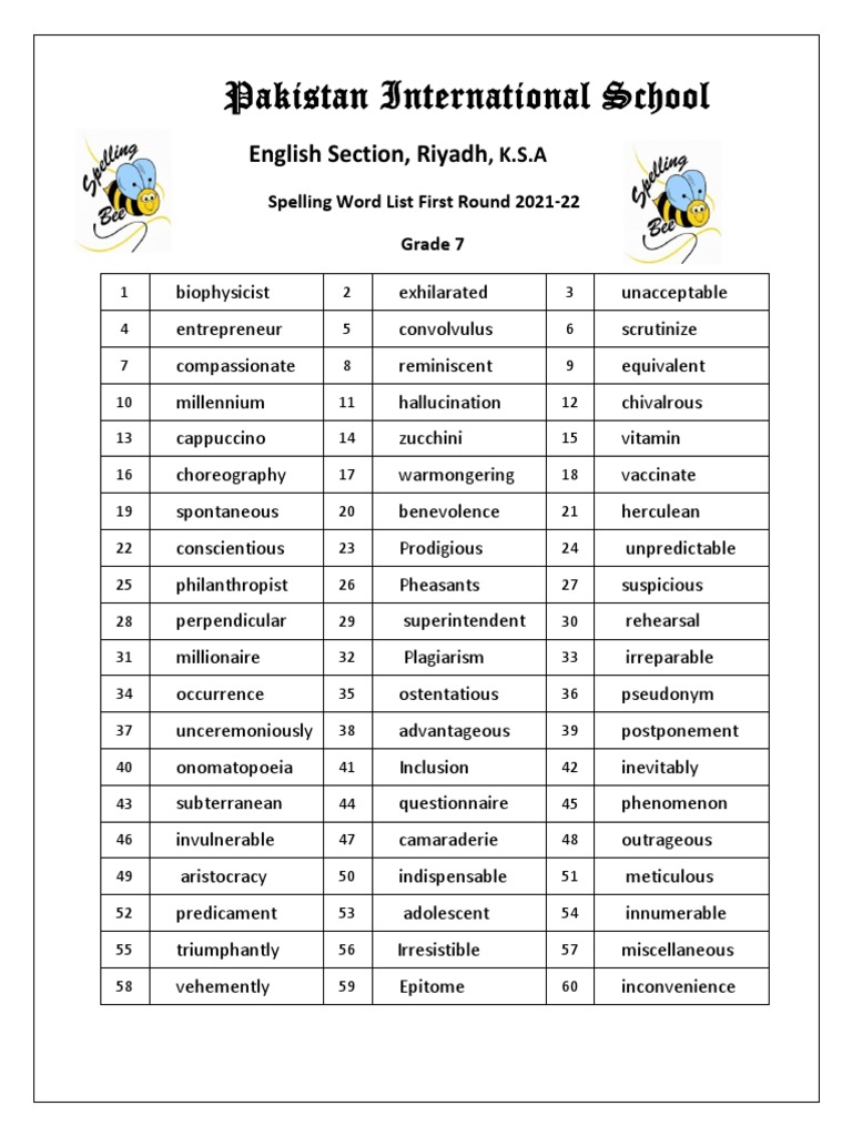 Grade 7 Spelling Bee Word List 2021-22 | PDF