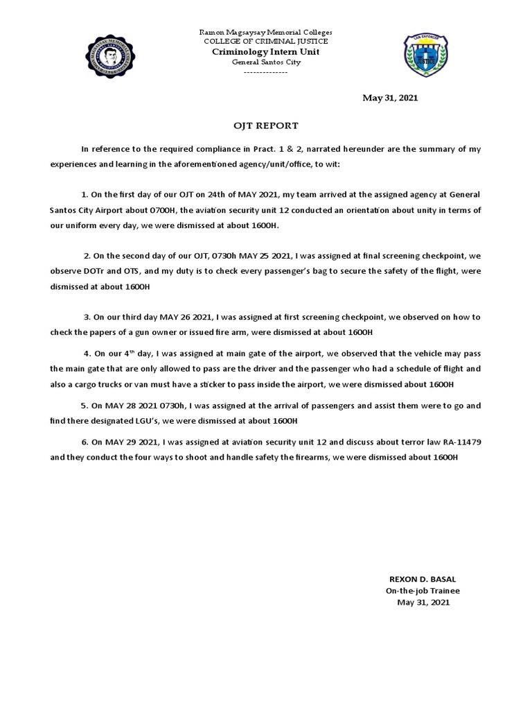 OJT Experience in Criminology at Airport | PDF