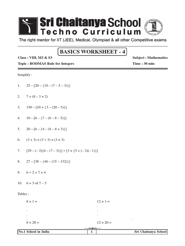 BODMAS Worksheet for Class 8 | PDF