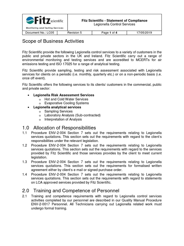 Legionella Control Services Compliance | PDF | Audit | Risk Assessment