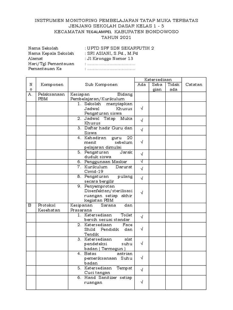 3.instrumen Persiapan Pembelajaran Tatap Muka Terbatas | PDF