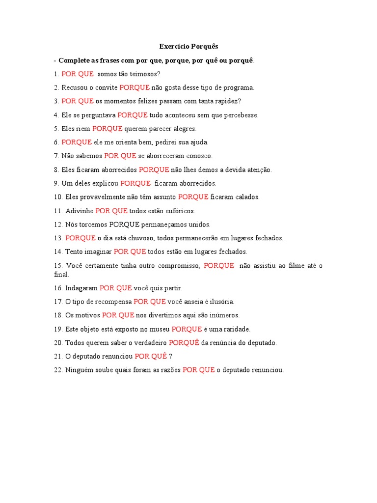Exercícios sobre o Uso dos Porquês | PDF