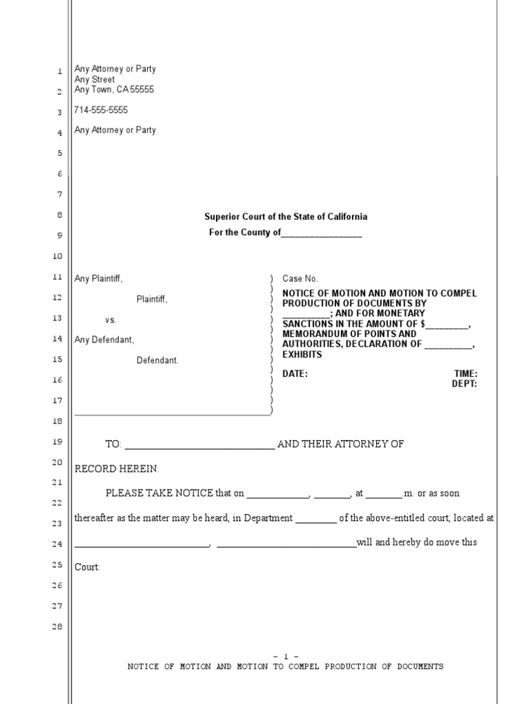 Sample Motion to Compel Production of Documents for California