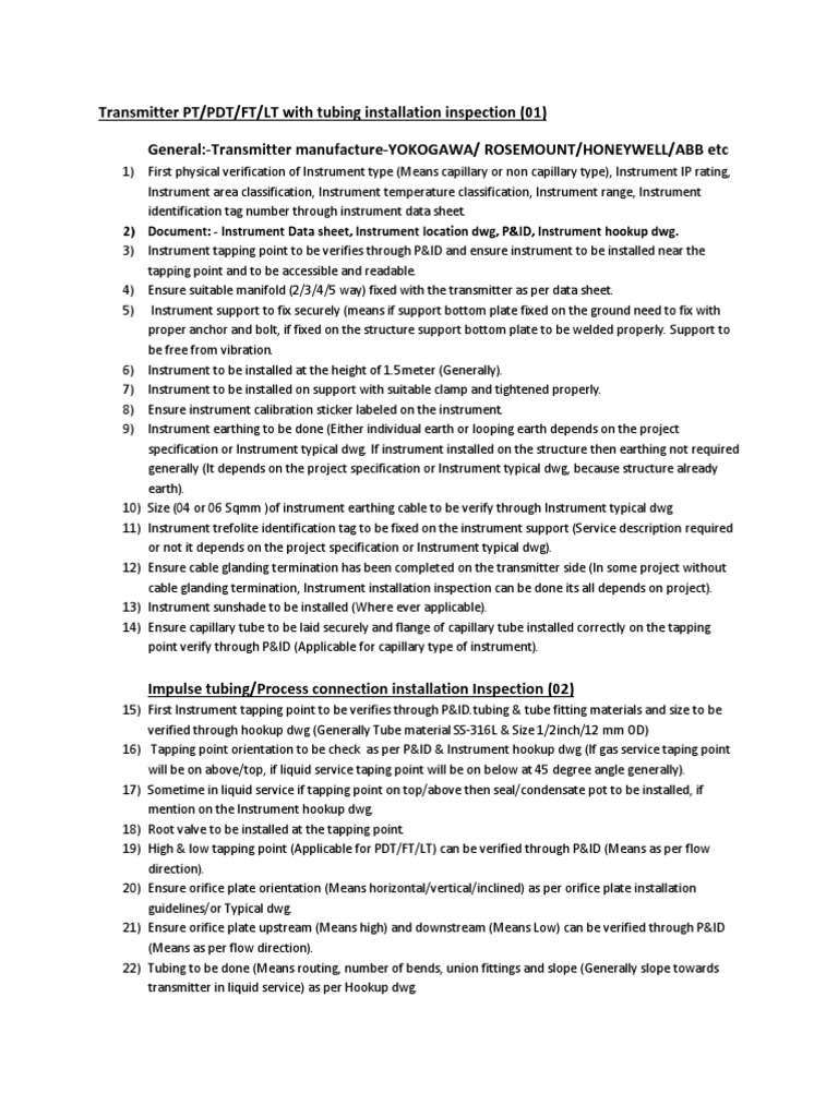 PT/PDT/FT Installation Inspection Guide | PDF | Pipe (Fluid Conveyance ...