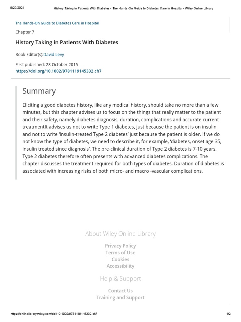 History Taking in Patients With Diabetes - The Hands On Guide To Diabetes Care in Hospital ...