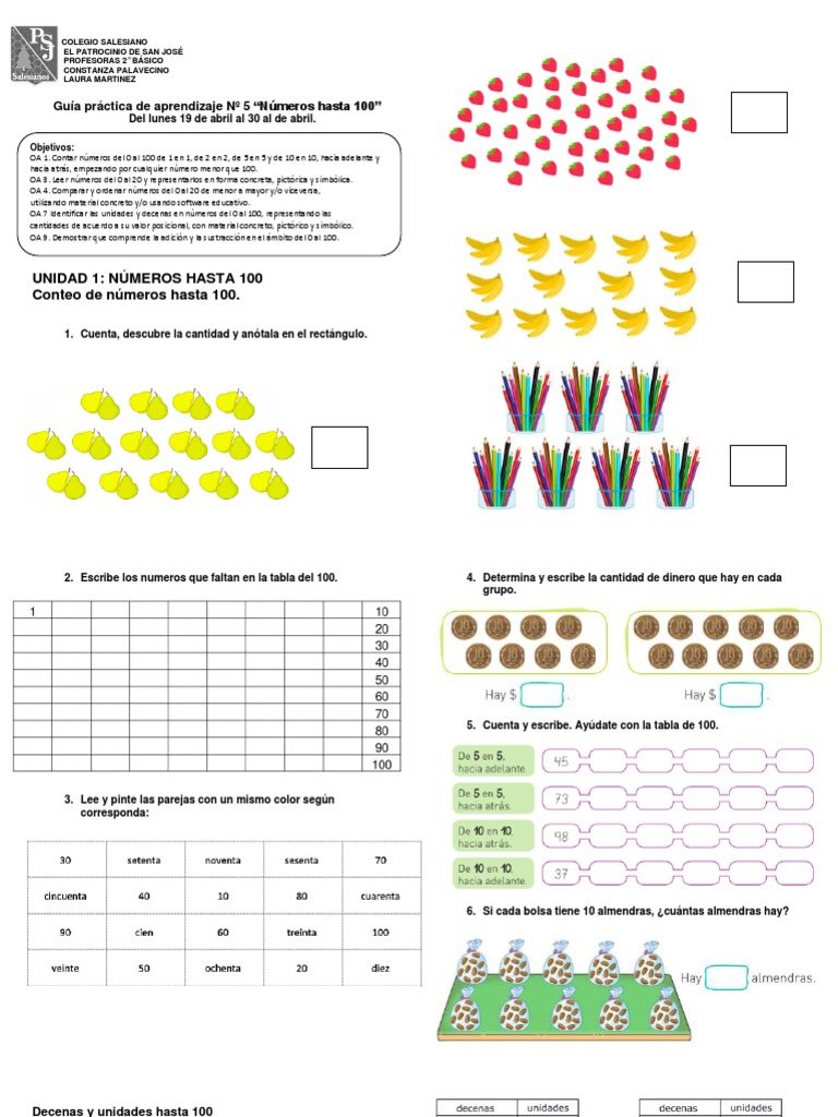 Números hasta 100: Guía de Aprendizaje | PDF | Sustracción | Matemáticas