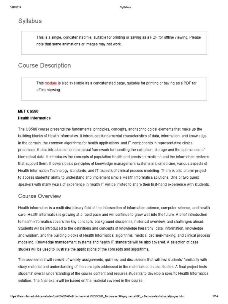 Syllabus: Course Overview | PDF | Health Informatics | Computer Science