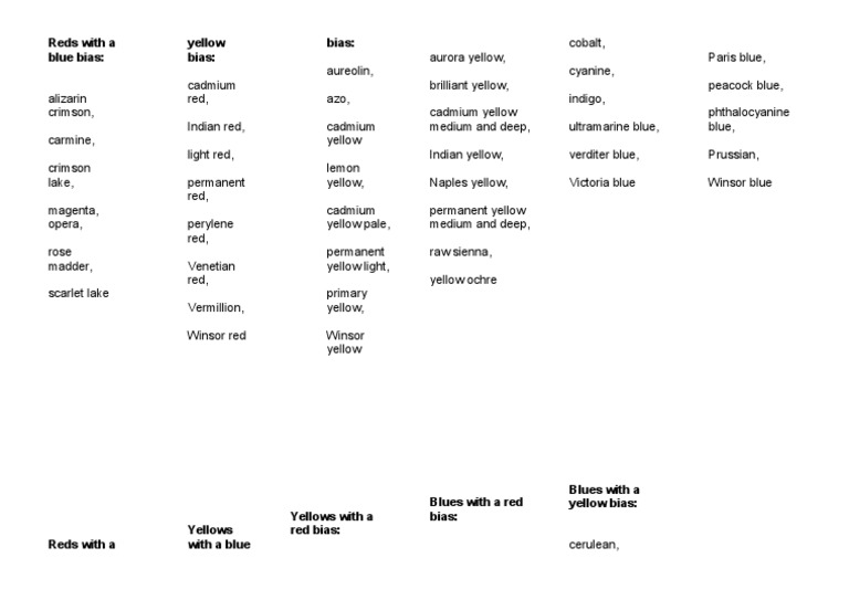 Color Bias Chart for Reds, Yellows, and Blues | PDF