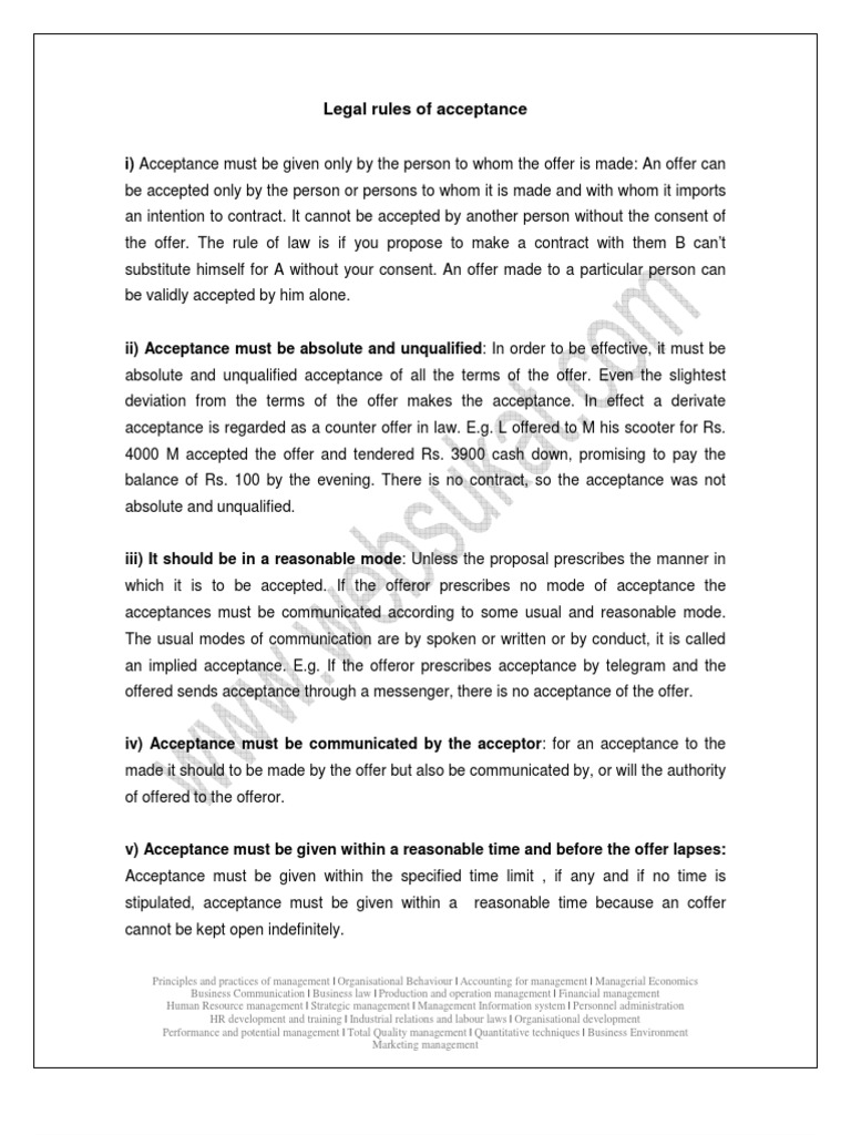 Legal rules of acceptance Offer And Acceptance Human Resource