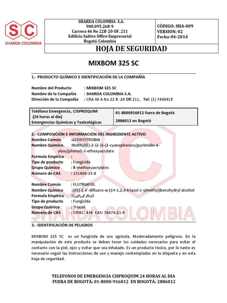 Hoja de Seguridad Mixbom 325 SC | PDF | Agua | Pesticida