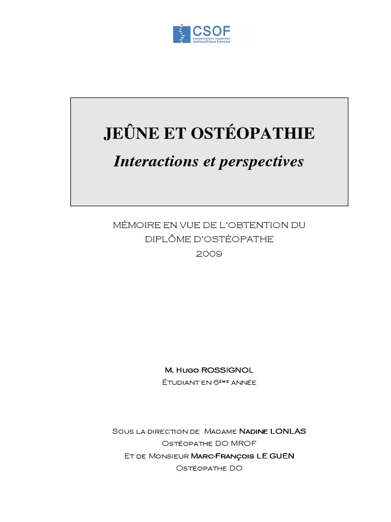 Mémoire Jeûne Et Ostéo Hugo Rossignol, PDF, Végétarisme