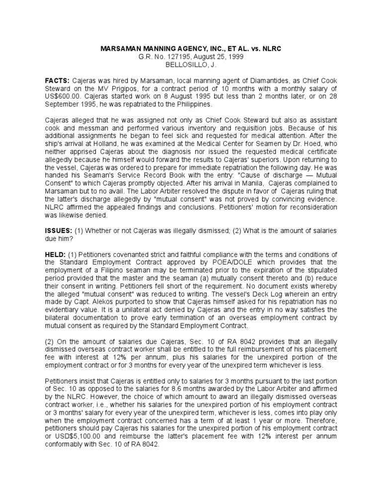 Marsaman Manning Agency Case Summary | PDF | Sailor | Employment