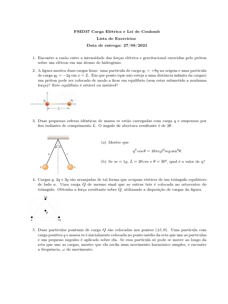 Lista de Exercícios - Carga Elétrica e Lei de Coulomb | PDF