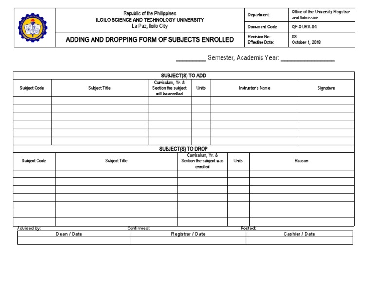 Iloilo Science University Add/Drop Form | PDF