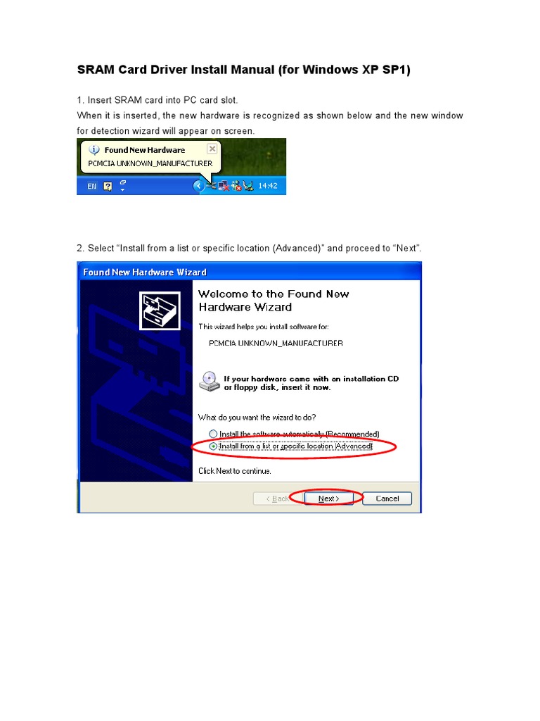 SRAM Card Driver Install Manual (For Windows XP SP1) PDF