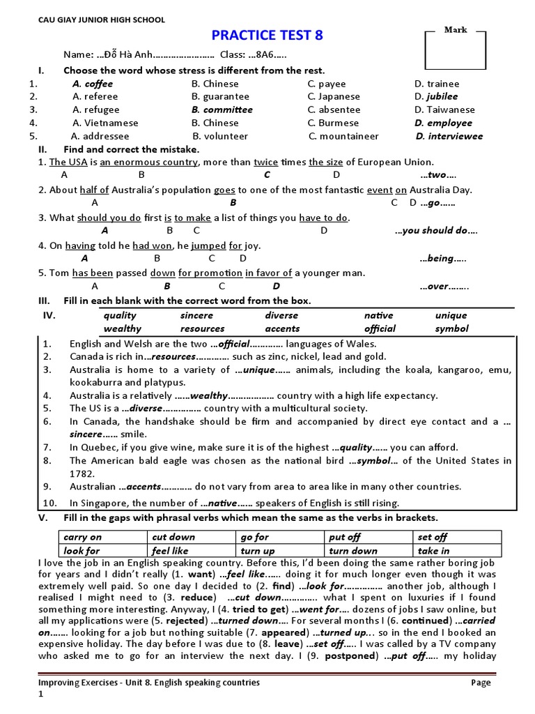 Grade 8 English Practice Test | PDF | English Language | Human ...