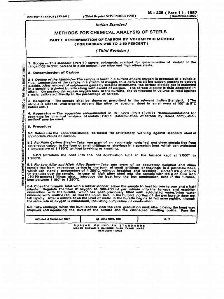 Is 228 Part 1 - 1987 | PDF | Steel | Combustion