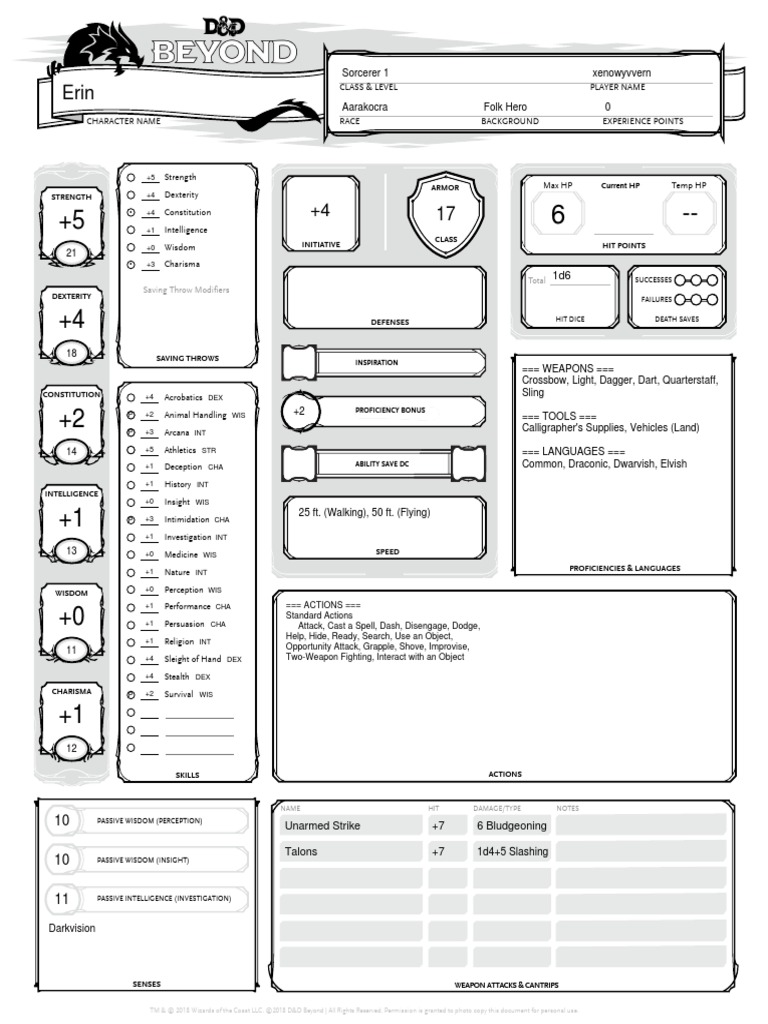 Sorcerer 1 Xenowyvvern Saving Throw Modifiers Total PDF Role
